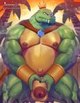  anthro balls belly biceps big_body bracelet chubby_male clenched_teeth crocodilian crown donkey_kong_(series) dsharp_k gem genitals green_body hi_res holding_penis humanoid_genitalia humanoid_penis jewelry king_k._rool looking_at_viewer male moobs musclegut muscular_legs navel nintendo nipples overweight overweight_anthro overweight_male patreon patreon_logo penis re_cape reptile scalie solo teeth text thick_thighs url vein veiny_penis video_games white_belly 