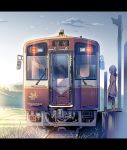  1girl bag black_legwear brown_hair coat daito day earmuffs ground_vehicle highres mountainous_horizon original outdoors pleated_skirt profile satchel scarf short_hair skirt solo standing train 