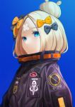  1girl abigail_williams_(fate/grand_order) bandaid bandaid_on_forehead bangs black_bow black_jacket blonde_hair blue_background blue_eyes bow breasts crossed_bandaids fate/grand_order fate_(series) forehead hair_bow hair_bun heroic_spirit_traveling_outfit high_collar highres jacket kernel_killer long_hair long_sleeves looking_at_viewer multiple_bows orange_belt orange_bow parted_bangs polka_dot polka_dot_bow small_breasts 