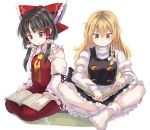  2girls bangs black_hair black_skirt black_vest blonde_hair bobby_socks book book_on_lap bow braid breasts brown_eyes butterfly_sitting commentary_request cravat detached_sleeves hair_between_eyes hair_bow hair_ribbon hair_tubes hakurei_reimu high_collar holding holding_book juliet_sleeves kirisame_marisa light_frown long_hair long_sleeves looking_down meronpan_(ghzk2583) multiple_girls no_hat no_headwear on_floor open_book parted_lips petticoat puffy_sleeves reading red_skirt red_vest ribbon ribbon-trimmed_sleeves ribbon_trim seiza shirt short_hair sidelocks signature simple_background single_braid sitting skirt small_breasts socks touhou tress_ribbon very_long_hair vest white_background white_legwear white_shirt yellow_eyes yellow_neckwear 