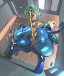  1girl absurdres anal_beads artist_name ass blonde_hair blue_bodysuit blue_eyes blue_lipstick bodysuit breasts cactus64 cameltoe commentary covered_nipples flying_sweatdrops highres large_breasts lipstick long_hair makeup metroid metroid_(creature) samus_aran sex_toy signature squatting zero_suit 
