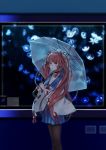  1girl absurdres aquarium blue_eyes bow chinese_commentary choker commentary_request cowboy_shot grate hair_bow highres holding holding_umbrella indoors information_sheet jellyfish label legs long_hair looking_at_viewer n.s.egg pantyhose parted_lips red_hair ribbon-trimmed_sleeves ribbon_trim sailor_collar skirt solo taihou_(warship_girls_r) twintails umbrella very_long_hair warship_girls_r window 