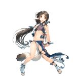  1girl amazuyu_tatsuki animal_ears ball bangs beachball behind_back bikini bracelet brown_hair full_body highres holding holding_ball jewelry leg_ribbon long_hair looking_at_viewer low_ponytail navel official_art open_mouth ribbon rurutie_(utawareru_mono) sandals side-tie_bikini solo swimsuit tail transparent_background utawareru_mono utawareru_mono:_lost_frag very_long_hair 