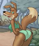  anthro bare_shoulders blinky_bill_(series) bottomwear breasts brown_body brown_fur butt canid canine canis clothed clothing curvy_figure daisy_dingo detailed_background dingo eyelashes eyeshadow facial_tuft fangs female floppy_ears fluffy fluffy_tail fur green_clothing green_eyeshadow green_panties green_shirt green_topwear green_underwear half-closed_eyes head_tuft lipstick looking_back makeup mammal midriff multicolored_body multicolored_fur narrowed_eyes open_mouth panties presenting pulling_panties shirt solo suggestive tank_top tied_shirt topwear tuft two_tone_body two_tone_fur underwear watermark zaboom 
