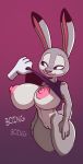  2021 4_fingers anthro areola assisted_exposure big_breasts big_eyes biped black_body black_fur breasts clothed clothing clothing_lift digital_media_(artwork) dipstick_ears disembodied_hand disney female fingers fur genitals grey_body grey_fur half-closed_eyes judy_hopps komdog lagomorph leporid looking_aside mammal multicolored_ears narrowed_eyes nipples onomatopoeia pink_areola pink_nipples pink_nose purple_eyes pussy rabbit shirt shirt_lift short_tail simple_background solo solo_focus sound_effects text topwear zootopia 