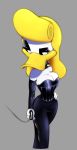  2017 anatid anseriform anthro avian beak billboi bird blonde_hair breasts cleavage clothed clothing dress duck eyelashes grey_background hair half-closed_eyes leash leather leather_clothing narrowed_eyes shirley_the_loon simple_background traditional_media_(artwork) 