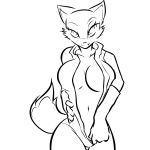  1:1 anthro big_breasts black_and_white breasts clothed clothing curvy_figure domestic_cat felid feline felis female fur gloves go!_go!_hypergrind half-closed_eyes handwear hayakain hi_res huge_breasts looking_at_viewer mammal monochrome narrowed_eyes penny_(ggh) simple_background smile solo standing thick_thighs undressing unzipping video_games white_background wide_hips 