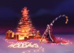  1girl absurdres candy candy_cane christmas christmas_lights christmas_tree cloak cloud food gift happy_holidays highres horizon night night_sky red_cloak ruby_rose rwby seiza sitting sky snow winter yangpiev 