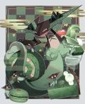  alu_drp cake cherry claws commentary_request dragapult drakloak dreepy eating food fruit gen_8_pokemon glass green_theme half-closed_eyes highres looking_at_viewer macaron no_humans open_mouth pokemon pokemon_(creature) swiss_roll 