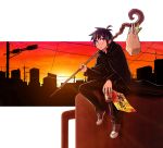  1boy bag black_hair can city cloak commentary evening flyer gakuran holding male_focus original plastic_bag purple_eyes round_eyewear sasaki_(sasaki1de0) school_uniform short_hair sitting solo spring_onion staff twilight 