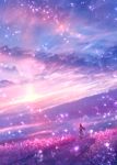  1girl cloud cloudy_sky dutch_angle field highres light_particles long_hair original outdoors purple_theme sakimori_(hououbds) scenery sky solo standing sunlight 