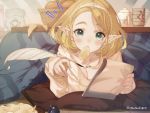  1girl ^^^ basket blonde_hair blush bowl breasts chips cleavage collarbone commentary_request cushion food food_on_face fruit green_eyes hairband highres ink_bottle jewelry kotatsu long_sleeves looking_at_viewer lying mandarin_orange medium_breasts mouth_hold necklace notepad on_stomach pointy_ears princess_zelda quill short_hair shuri_(84k) sleeves_past_wrists solo sweater table teapot the_legend_of_zelda the_legend_of_zelda:_breath_of_the_wild the_legend_of_zelda:_breath_of_the_wild_2 triforce twitter_username under_kotatsu under_table upper_body yellow_hairband yellow_sweater 