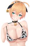  1girl :d absurdres ahoge animal_ears animal_print areola_slip areolae arm_under_breasts artist_name bangs bare_arms bare_shoulders bell bikini blonde_hair blush breasts bright_pupils buckle chinese_zodiac collar collarbone cow_ears cow_horns cow_print cowbell dated fake_animal_ears fake_horns green_eyes grin hairband head_tilt highres horns large_breasts looking_at_viewer open_mouth original print_bikini short_hair simple_background skindentation smile solo strap_lift swimsuit teeth two-tone_hairband upper_body white_background year_of_the_ox z.taiga 