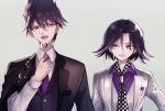  2boys adjusting_clothes adjusting_necktie bangs black_hair black_jacket black_vest checkered checkered_neckwear collared_shirt commentary_request danganronpa_(series) danganronpa_v3:_killing_harmony facial_hair formal goatee grey_background grin hair_between_eyes hair_up hand_up jacket jacket_on_shoulders long_sleeves looking_at_another looking_at_viewer male_focus multiple_boys necktie official_alternate_costume open_clothes open_mouth ouma_kokichi pink_neckwear pink_shirt purple_eyes shirt short_hair sideways_glance smile upper_body upper_teeth vest white_jacket white_shirt white_vest z-epto_(chat-noir86) 