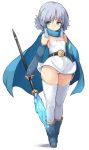 1girl aqua_eyes bangs blue_cape blue_footwear boots breasts cape cleavage commentary_request detached_sleeves dragon_quest dragon_quest_monsters_plus eyebrows_visible_through_hair full_body grey_hair highres holding holding_staff karukan_(monjya) looking_at_viewer marumo short_hair simple_background small_breasts solo staff standing thighhighs white_background white_legwear 