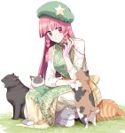  1girl beret black_cat braid cat china_dress chinese_clothes dress grey_cat hair_ribbon hat hat_ornament hong_meiling long_hair multiple_cats red_eyes red_hair ribbon sakuraba_yuuki smile squatting star_(symbol) star_hat_ornament touhou twin_braids 