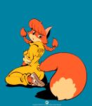  2009 2021 anthro canid canine clothing english_text female fox fox-pop freckles hi_res jumpsuit kneeling looking_at_viewer looking_back mammal patty_foxy solo text 