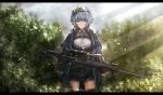  1girl chukavin_svch expressionless girls_frontline gloves goggles goggles_on_head green_eyes gun headphones headphones_around_neck highres holding holding_gun holding_weapon jacket jhands_onpc looking_at_viewer nature outdoors rifle scope shirt short_hair shorts silver_hair sniper_rifle solo svch_(girls_frontline) thighhighs thighs weapon white_shirt 