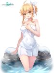 1girl :o absurdres ahoge bare_arms bare_shoulders blonde_hair breasts cleavage collarbone hair_between_eyes hair_ribbon hand_on_own_chest haru_estia head_tilt highres large_breasts long_hair looking_at_viewer naked_towel official_art onsen open_mouth orange_eyes ribbon ripples rock sidelocks simple_background solo soul_worker standing steam tied_hair towel wading water watermark wet white_background 