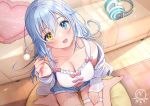  1girl :d bare_shoulders barefoot blue_eyes blue_shorts breasts cleavage collarbone couch crop_top cutoffs denim denim_shorts frilled_shirt frills from_above hair_between_eyes headphones heterochromia holding jacket large_breasts long_hair long_sleeves looking_at_viewer looking_up midriff mimikaki mole mole_under_eye navel off_shoulder open_clothes open_fly open_jacket open_mouth original shirt short_shorts shorts silver_hair single_thighhigh sitting skindentation sleeveless sleeveless_shirt smile solo thigh_strap thighhighs thighs tsukana_(saba_mizore) wariza white_jacket white_shirt yellow_eyes 