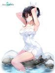 1girl absurdres armpits arms_behind_head arms_up bare_arms bare_shoulders black_hair breasts cleavage closed_mouth collarbone hair_ribbon highres iris_yuma large_breasts long_hair looking_at_viewer naked_towel official_art onsen ponytail red_eyes ribbon ripples rock sidelocks simple_background sitting solo soul_worker steam thighs towel water watermark wet white_background 