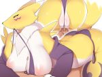  4:3 anthro areola balls big_areola big_breasts big_butt blush bodily_fluids breasts butt clothing curvy_figure digimon digimon_(species) faeki female fur genital_fluids genitals huge_breasts male male/female nipples penis puffy_areola pussy pussy_floss pussy_juice renamon underwear voluptuous white_body white_fur yellow_body yellow_fur 