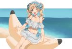  1girl 2l_(2lsize) ;d banana_boat bangs bikini blonde_hair blue_bikini blue_bow blue_eyes blue_hairband blush bow commentary_request curly_hair day frilled_bikini frilled_hairband frills hair_bow hairband long_hair looking_at_viewer one_eye_closed open_mouth original outside_border sitting smile solo swimsuit twintails water 