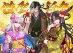  1boy 2girls arrow_(projectile) ashiya_douman_(fate) asymmetrical_hair bangs black_eyes black_hair black_kimono blush breasts card duplicate earrings facial_mark fate/extra fate/extra_ccc fate/grand_order fate_(series) forehead_mark grin hair_between_eyes hair_ribbon highres horns japanese_clothes jewelry kama_(fate/grand_order) kimono large_breasts long_hair long_sleeves looking_at_viewer magatama magatama_earrings multicolored_hair multiple_girls obi parted_bangs purple_kimono red_eyes redrop ribbon sash sesshouin_kiara silver_hair smile sparkle two-tone_hair veil very_long_hair wavy_hair white_hair wide_sleeves yellow_eyes yellow_kimono 