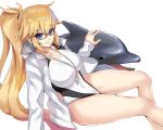  1girl bare_legs blonde_hair blue_eyes breasts competition_swimsuit dolphin eyebrows_visible_through_hair fate/grand_order fate_(series) glasses hair_between_eyes highres jacket jacket_over_swimsuit jeanne_d&#039;arc_(fate) jeanne_d&#039;arc_(fate)_(all) jeanne_d&#039;arc_(swimsuit_archer) jewelry large_breasts long_hair looking_at_viewer navel necklace one-piece_swimsuit ponytail sidelocks swimsuit whistle white_background white_swimsuit yahan_(mctr5253) 