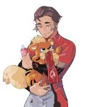  1boy black_eyes closed_mouth collared_shirt commentary_request gen_1_pokemon green_(grimy) grey_hair growlithe gym_leader half-closed_eyes highres holding holding_pokemon kabu_(pokemon) light_blush light_smile male_focus mouth_hold multicolored_hair pokemon pokemon_(creature) pokemon_(game) pokemon_swsh shirt short_hair short_sleeves shorts towel two-tone_hair 