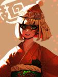  1girl arms_(game) beanie bellhenge blonde_hair domino_mask eyebrows_visible_through_mask flower food green_eyes hair_flower hair_ornament hat japanese_clothes kimono knit_hat looking_at_viewer mask min_min_(arms) new_year noodles obi print_kimono ribbon_hair sash solo super_smash_bros. 