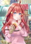  1girl ahoge artist_name bangs blue_eyes blush breasts closed_mouth commentary_request eyebrows_visible_through_hair fingernails food go-toubun_no_hanayome hair_between_eyes hair_ornament hakuda_tofu highres holding holding_food long_hair long_sleeves looking_at_viewer medium_breasts nakano_itsuki pink_sweater red_hair smile solo standing star_(symbol) star_hair_ornament steam sweater sweet_potato upper_body yakiimo 