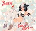  1girl 2021 :d animal_ears animal_print bangs bell black_hair bottle bow breasts brown_footwear cleavage commentary_request cow_ears cow_girl cow_print cow_tail curvy elbow_gloves eyebrows_visible_through_hair full_body gloves holstein_friesian_cattle_(kemono_friends) kemono_friends large_breasts loafers looking_at_viewer milk_bottle multicolored_hair open_mouth panties pink_bow plump red_bow ryoji_(nomura_ryouji) shirt shoes short_hair sideboob smile solo tail tail_bell tail_bow tail_ornament thighhighs two-tone_hair underwear white_gloves white_hair white_legwear white_panties 