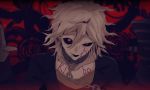  1boy alternate_eye_color bangs black_background black_jacket black_sclera blood blood_on_face bloody_tears chain chained collar collarbone colored_sclera commentary_request danganronpa_(series) danganronpa_another_episode:_ultra_despair_girls face gloves grey_hair hair_between_eyes hands_up highres jacket komaeda_nagito long_sleeves looking_at_viewer lower_teeth male_focus medium_hair metal_collar open_mouth pink_blood pink_eyes red_background shirt single_glove solo tuteurfars_shin 