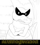  2020 2_fingers annoyed anthro big_tail biped black_and_white black_markings comic crocodilian crossed_arms dialogue digital_drawing_(artwork) digital_media_(artwork) english_text fan_character fangs fidchellvore fingers forest front_view half-length_portrait hi_res krookodile line_art long_tail looking_at_viewer male markings monochrome nintendo nude open_mouth outside plant pok&eacute;mon pok&eacute;mon_(species) portrait reptile scalie sketch solo standing stripes teeth text three-quarter_view tree tree_stump video_games wide_eyed yellow_text 