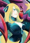  1girl blonde_hair breasts chorimokki cleavage cynthia_(pokemon) dress fur_trim garchomp gen_4_pokemon hair_ornament hair_over_one_eye large_breasts long_hair open_mouth pokemon pokemon_(game) pokemon_dppt smile very_long_hair 