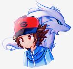  1boy artist_name baseball_cap blue_jacket brown_hair closed_mouth commentary gen_5_pokemon hat hilbert_(pokemon) inaba_hitomi jacket legendary_pokemon looking_down male_focus pokemon pokemon_(creature) pokemon_(game) pokemon_bw red_eyes reshiram simple_background white_background zipper_pull_tab 