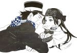  1boy 1girl ainu ainu_clothes asirpa bandana black_coat black_hair black_headwear blue_eyes blue_scarf brown_eyes closed_mouth coat commentary couple ear_piercing earrings eye_contact eyebrows face-to-face golden_kamuy greyscale hat headband hoop_earrings imperial_japanese_army jewelry kepi long_hair long_sleeves looking_at_another lying military military_hat military_uniform monochrome on_stomach parted_lips piercing scar scar_on_cheek scar_on_face scar_on_nose scarf short_hair simple_background smile spiked_hair spot_color sugimoto_saichi uniform upper_body w55674570w white_background wide_sleeves 