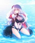  1girl azur_lane bangs black_flower black_rose black_swimsuit breasts cleavage clothing_cutout coat crossed_bangs flower full_body fur-trimmed_coat fur_trim graf_zeppelin_(azur_lane) graf_zeppelin_(beachside_urd)_(azur_lane) hair_flower hair_ornament highres impossible_clothes impossible_swimsuit jacket jacket_on_shoulders large_breasts long_hair navel_cutout one-piece_swimsuit red_eyes rose solo swimsuit swimwear taut_clothes taut_swimsuit tofu_fufu wading water white_hair wrist_straps 