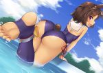  1girl absurdres animal_ears ass azur_lane bare_shoulders blue_legwear blue_swimsuit brown_eyes brown_hair bunny_ears bunny_tail cloud dark_skin feet from_behind highres huge_filesize i-26_(azur_lane) kinomiki_(tales22) kneehighs leaning_forward leg_up legs looking_back one-piece_swimsuit open_mouth outdoors partially_submerged pool poolside sailor_collar short_hair sky smile soles solo standing standing_on_one_leg strapless strapless_swimsuit swimsuit tail thighs toeless_legwear toes water 