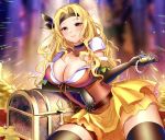 alternate_costume belt blonde_hair breasts brigid_(fire_emblem) brown_eyes choker cleavage coin dress fire_emblem fire_emblem:_genealogy_of_the_holy_war fire_emblem_heroes headband highres holding jewelry large_breasts leaning long_hair looking_at_viewer nyome991 pirate smile thighhighs treasure_chest wavy_hair 