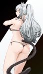  1girl animal_ears arknights ass bare_shoulders bikini black_bikini breasts cat_ears cat_tail commentary_request cowboy_shot from_behind highres long_hair looking_at_viewer looking_back medium_breasts olin_(nienxddd) partial_commentary schwarz_(arknights) side-tie_bikini silver_hair solo standing swimsuit tail thighs very_long_hair 