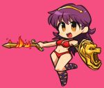  1girl athena_(series) bikini breasts ibara. long_hair navel pink_background princess_athena purple_hair red_bikini shield solo swimsuit sword weapon 