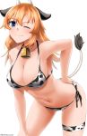  1girl absurdres animal_ears animal_print bell bell_collar bikini blue_eyes blush breasts charlotte_e_yeager chinese_zodiac cleavage closed_mouth collar cow_ears cow_girl cow_horns cow_print cow_tail fake_animal_ears fake_horns hand_on_hip highres hiroshi_(hunter-of-kct) horns large_breasts looking_at_viewer navel one_eye_closed orange_hair shiny shiny_hair side-tie_bikini simple_background smile solo strike_witches swimsuit tail white_background world_witches_series year_of_the_ox 