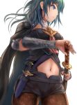  1girl armor bangs belt black_armor black_belt black_cape black_shirt black_shorts blue_hair breasts brown_legwear byleth_(fire_emblem) byleth_(fire_emblem)_(female) cape closed_mouth clothing_cutout commentary_request cowboy_shot dagger detached_collar emblem eyebrows_visible_through_hair fire_emblem fire_emblem:_three_houses hair_between_eyes holding holding_sword holding_weapon large_breasts long_hair looking_to_the_side navel navel_cutout pantyhose patterned_clothing purple_eyes sail_(sail-away) sheath sheathed shirt short_shorts shorts shoulder_pads sidelocks simple_background solo standing sword sword_of_the_creator vambraces weapon white_background 