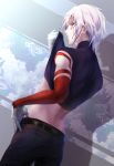  1boy absurdres allen_walker belt bishounen black_belt black_pants black_shirt butt_crack cowboy_shot d.gray-man dutch_angle facial_mark from_behind gloves highres lifted_by_self male_focus midriff noan pants red_eyes shirt shirt_lift short_hair silver_hair solo standing white_gloves 