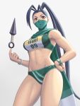  1girl abs antenna_hair balancing_on_finger black_hair breasts brown_eyes character_name commentary_request covered_mouth fingernails green_bloomers green_scarf green_sports_bra hand_on_hip high_ponytail ibuki_(street_fighter) kunai long_hair long_scarf mask medium_breasts mouth_mask navel noppo_(tarstation) official_alternate_costume olympian_bloomers scarf solo sports_bra standing street_fighter street_fighter_v tan thick_thighs thighs toned very_long_hair watch weapon white_background wristwatch 