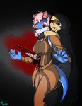  animal_humanoid anthro armor assassination blood blue_body blue_scales bodily_fluids cloak clothing death dragon dragon_humanoid duo edgarkingmaker female female/female gore hair humanoid knife kobold lagomorph leather leather_armor leporid mammal pink_hair rabbit scales simple_background snuff 