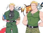  1boy arms_behind_back bare_arms black_shirt blonde_hair closed_mouth collarbone commentary_request dog_tags gen_1_pokemon green_(grimy) green_jacket green_pants green_tank_top highres holding jacket jewelry looking_to_the_side magnemite male_focus necklace on_shoulder pants pokemon pokemon_(creature) pokemon_(game) pokemon_hgss pokemon_lgpe pokemon_on_shoulder raichu shirt short_hair simple_background smile spiked_hair surge_(pokemon) tank_top teeth translation_request voltorb white_background 