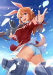  1girl :d absurdres animal_ears ass blue_eyes blue_panties blue_sky bunny_ears charlotte_e_yeager cloud commentary_request gun hair_between_eyes highres holding holding_gun holding_weapon jacket long_hair long_sleeves looking_at_viewer michairu open_mouth orange_hair panties red_jacket sky smile solo strike_witches striker_unit tail thighs underwear weapon world_witches_series 